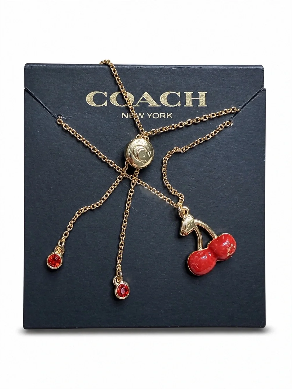 Coach Cherry Slider Bracelet Gold Tone Red Enamel Cherry Charm Rhinestone